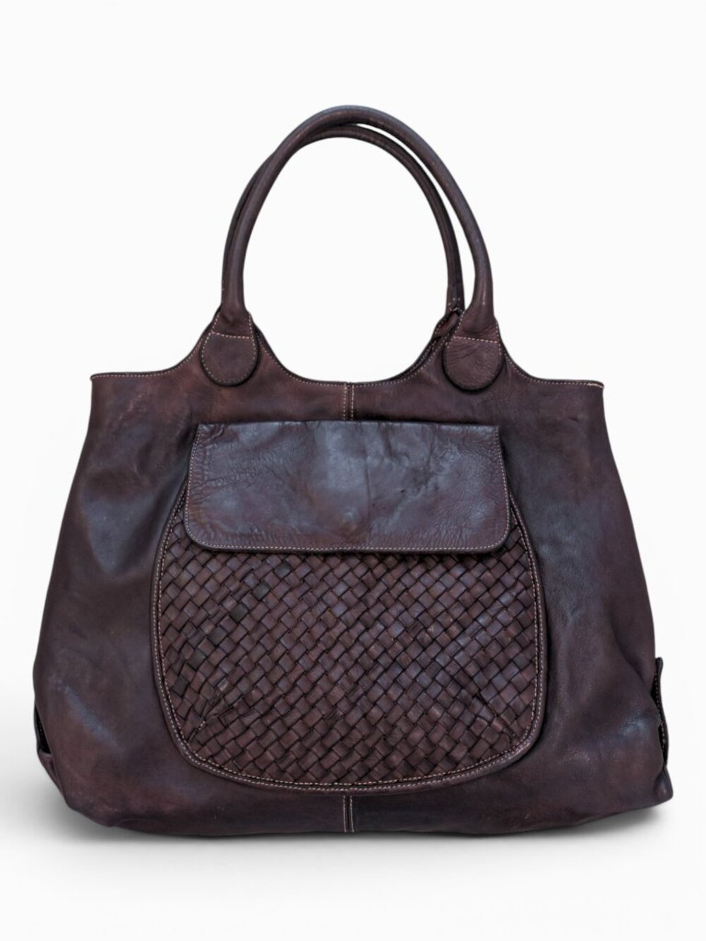 Fiori di Firenze Woven Italian Leather Brown Shoulder Tote